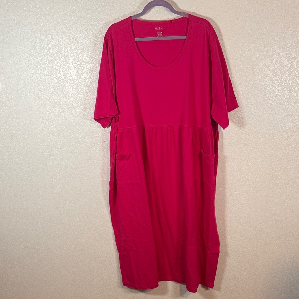 Ulla Popken Hot Pink Babydoll Tee Shirt Dress with Pockets Size 24/26 NWT